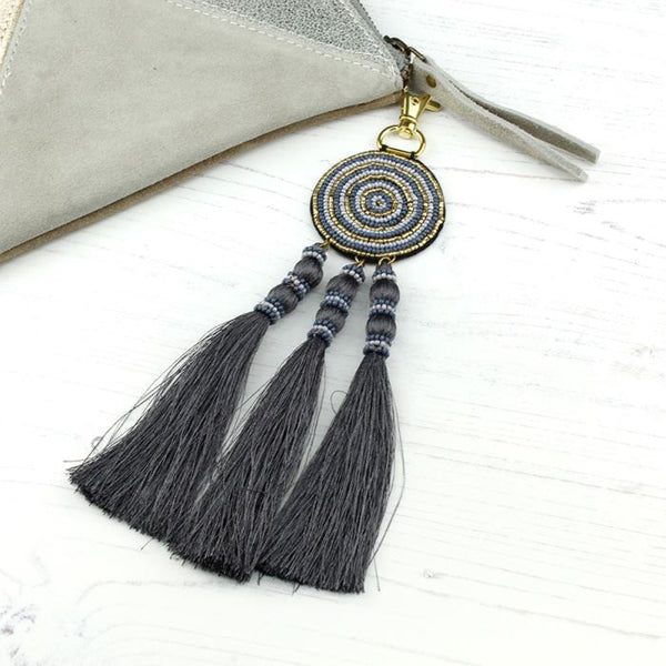 Grey & Gold Beaded Bag Charm With Tassels