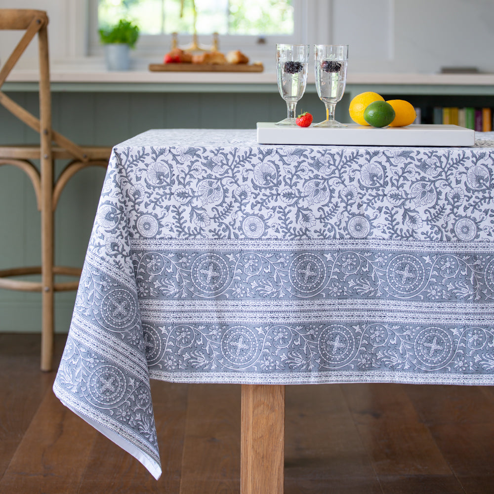 Kandla Grey Cotton Hand Block Print Tablecloth