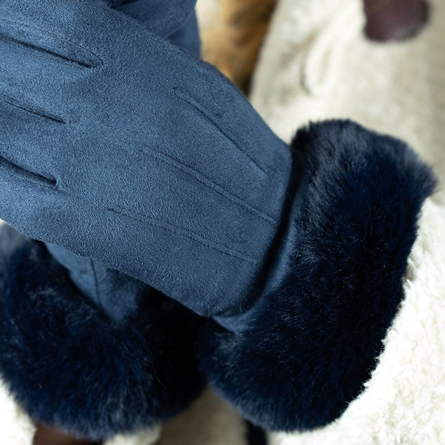 Navy Suede Gloves With Faux Fur Trim