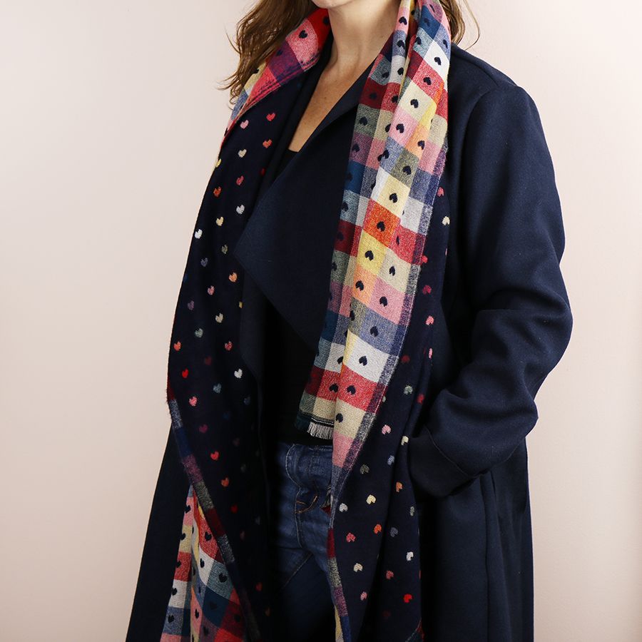 Blue Navy Reversible Multicoloured Heart & Check Scarf