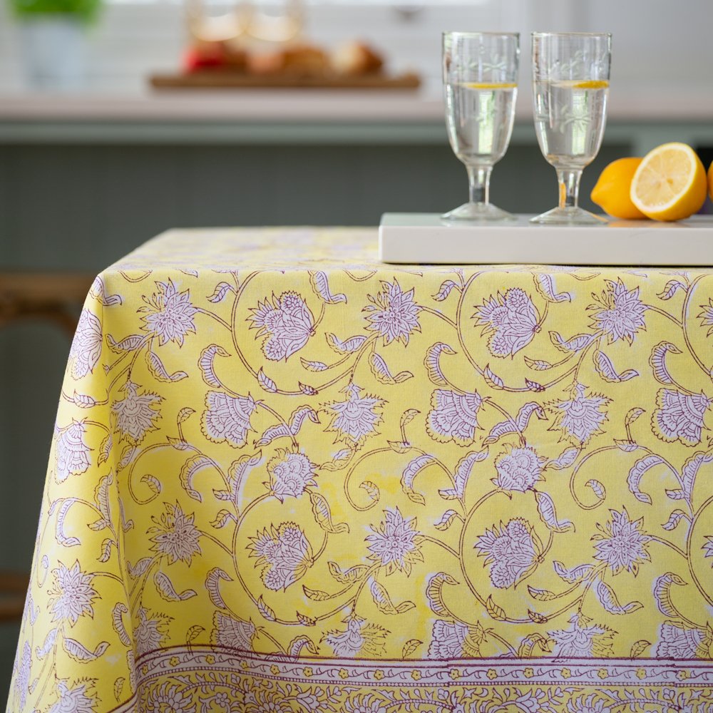 Lemon Floral Cotton Hand Block Print Tablecloth