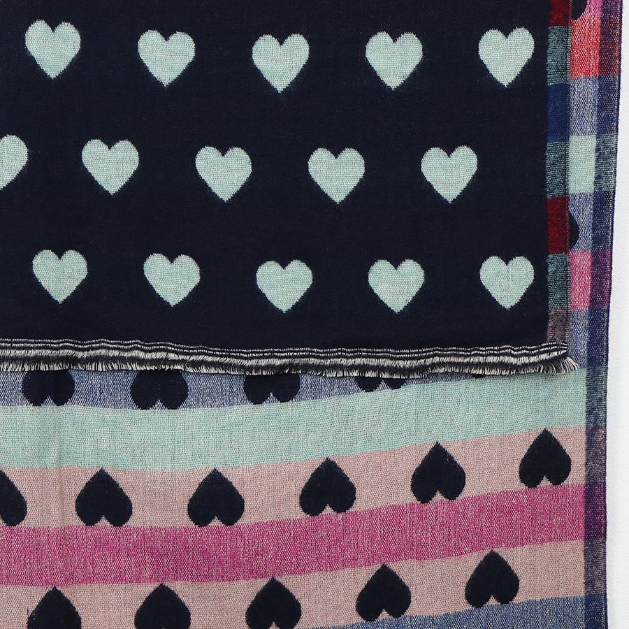 Navy Reversible Multicoloured Pastel Heart & Check Scarf