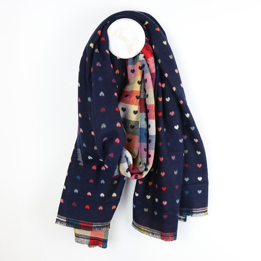 Blue Navy Reversible Multicoloured Heart & Check Scarf