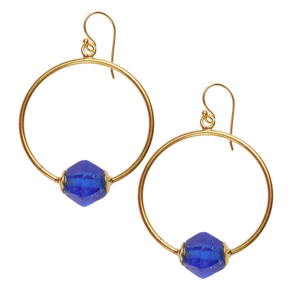 Marine Blue Glass Hoop Earrings