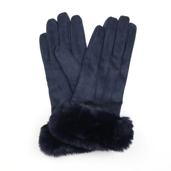 Navy Suede Gloves With Faux Fur Trim