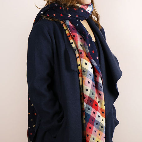 Blue Navy Reversible Multicoloured Heart & Check Scarf