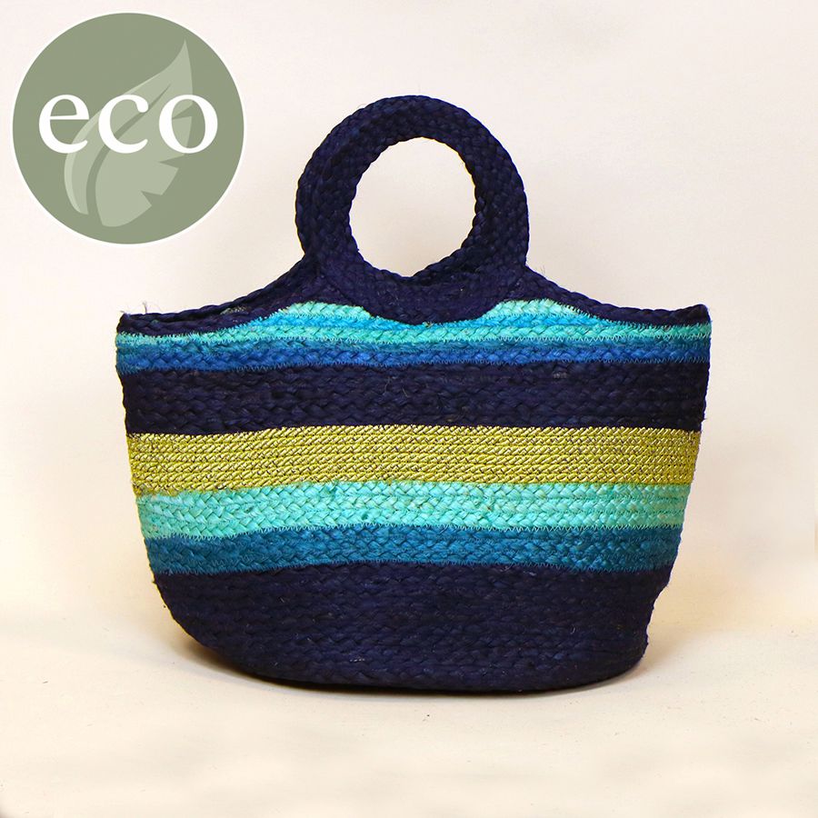 Navy, Aqua Blue & Gold Striped Jute Bag