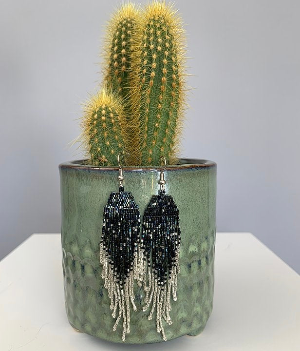 Iridescent Peacock & Silver Beaded Earrings