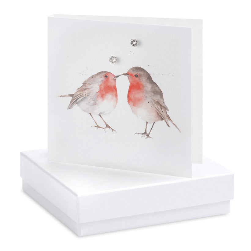 Boxed Christmas Robins Silver Earring Card