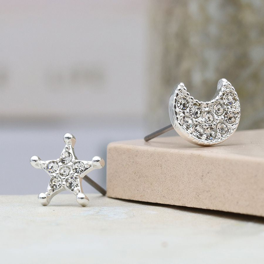 Silver Plated Star & Moon Stud Earrings