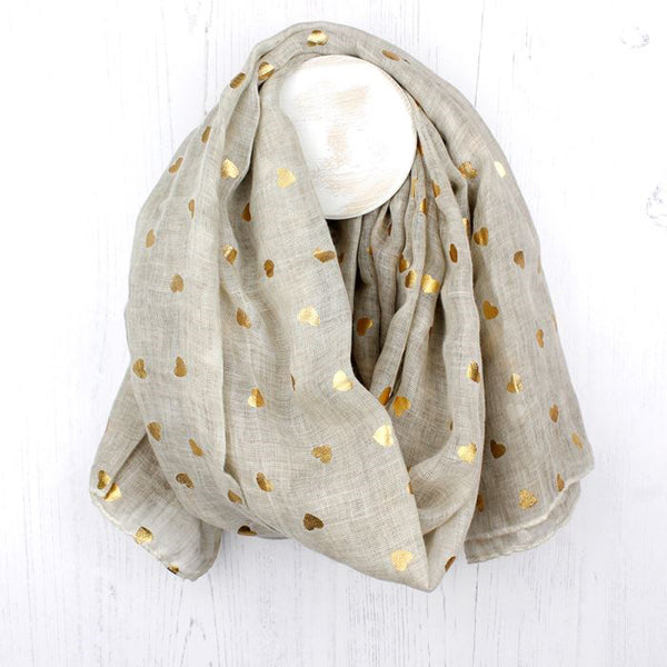 Natural Scarf With Metallic Gold Heart Print