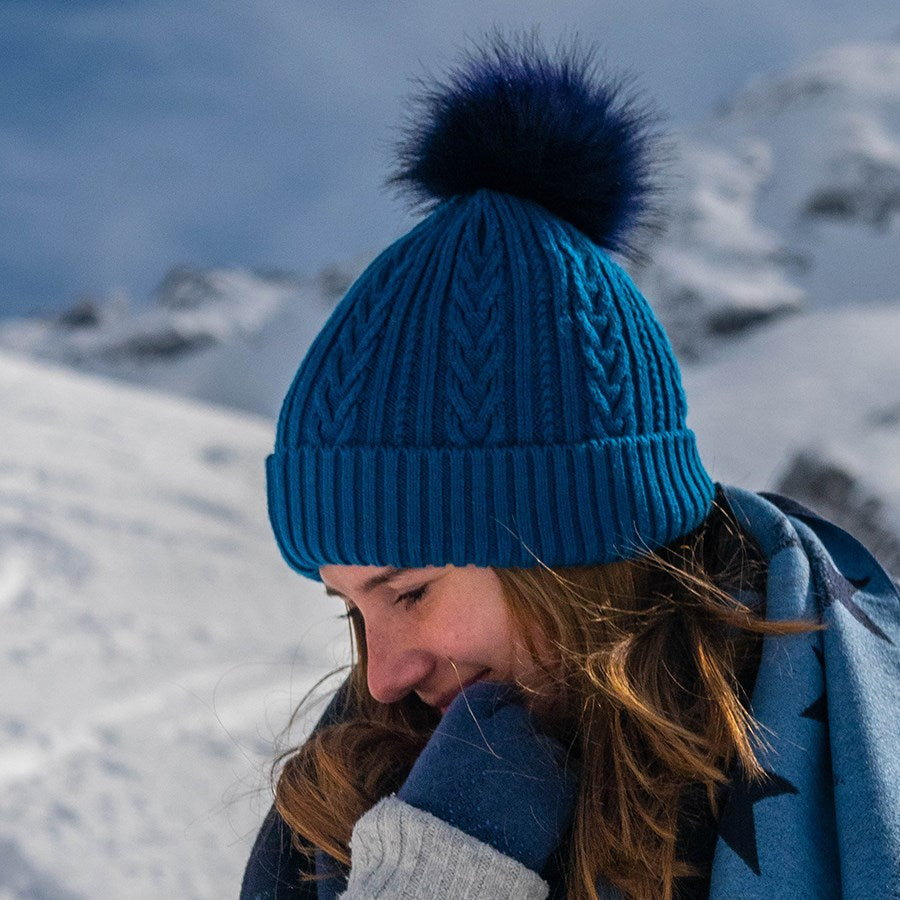 Blue Teal Cable Knit Faux Fur Bobble Hat