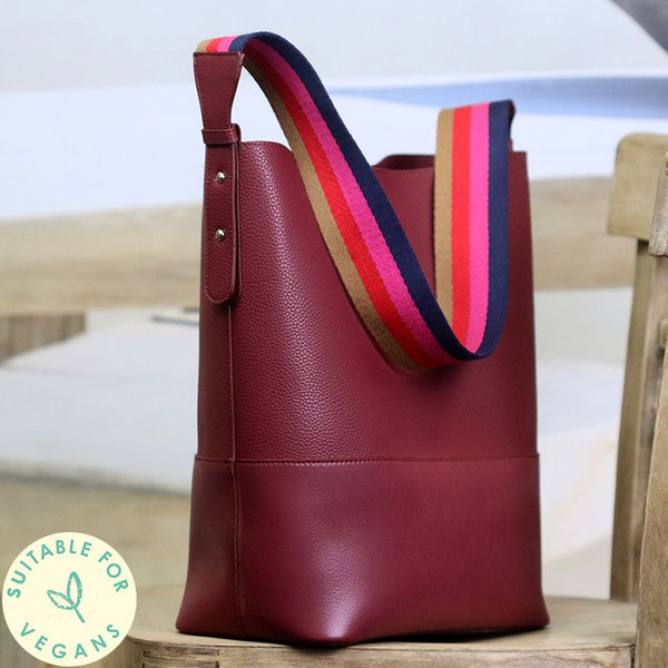 Red Vegan Leather Shoulder Bag With Striped Strap