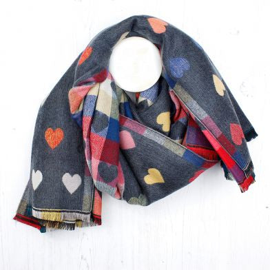 Grey Reversible Multicoloured Heart & Check Scarf