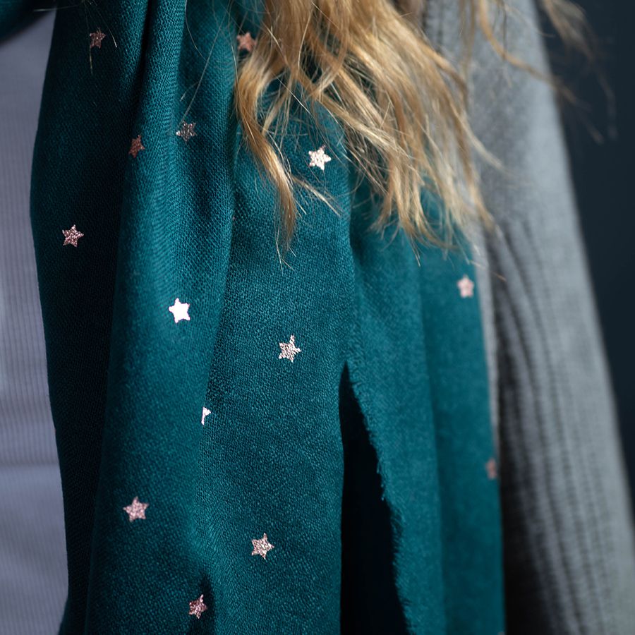 Green Teal Scarf With Rose Gold Stars