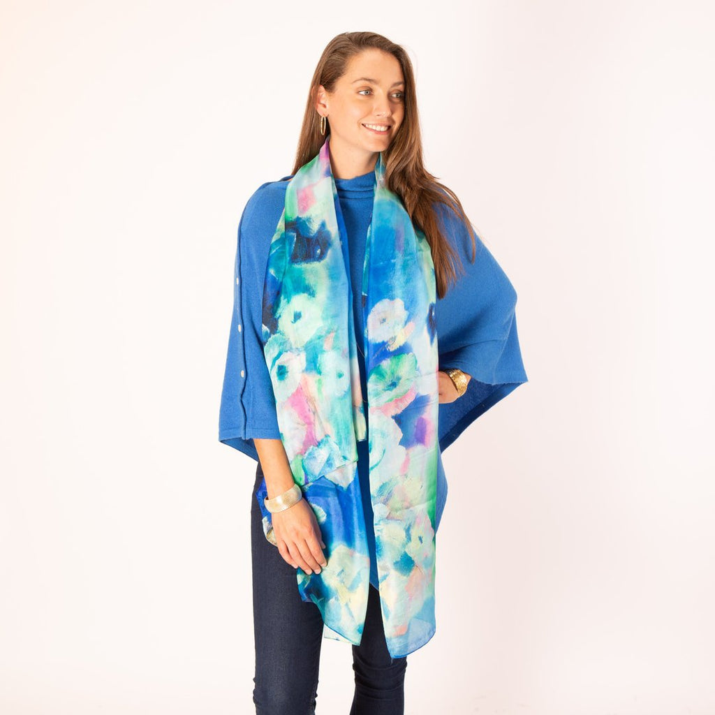 Blue Floral Bouquet Large Pure Silk Scarf