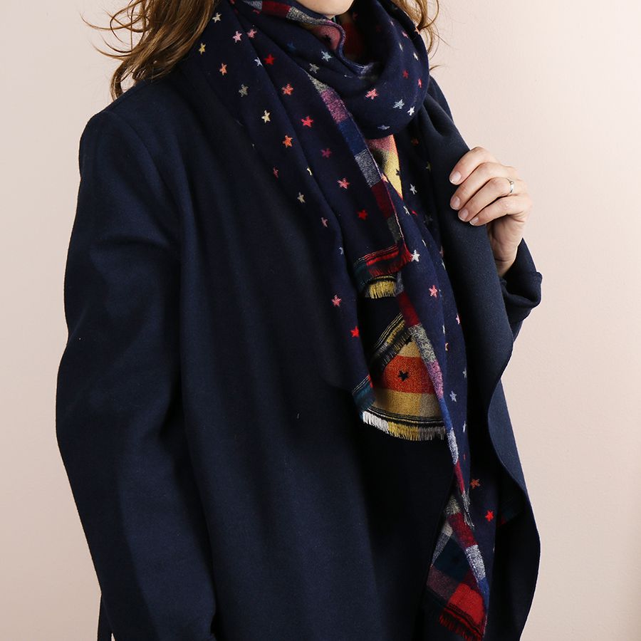 Blue Navy Reversible Multicoloured Star & Check Scarf