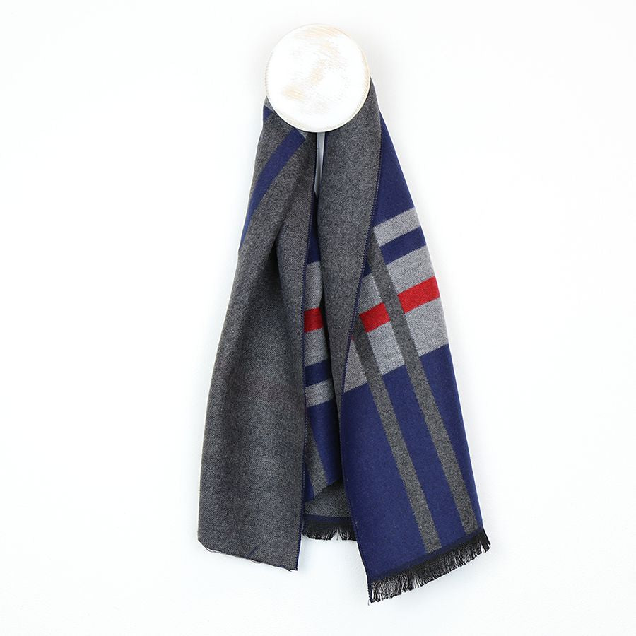 Men's Grey, Blue & Red Soft Striped Winter Scarf