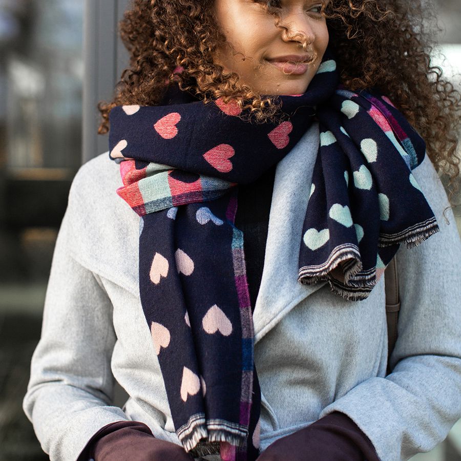 Navy Reversible Multicoloured Pastel Heart & Check Scarf