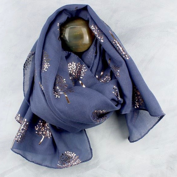 Denim Blue & Metallic Rose Gold Tree Print Scarf