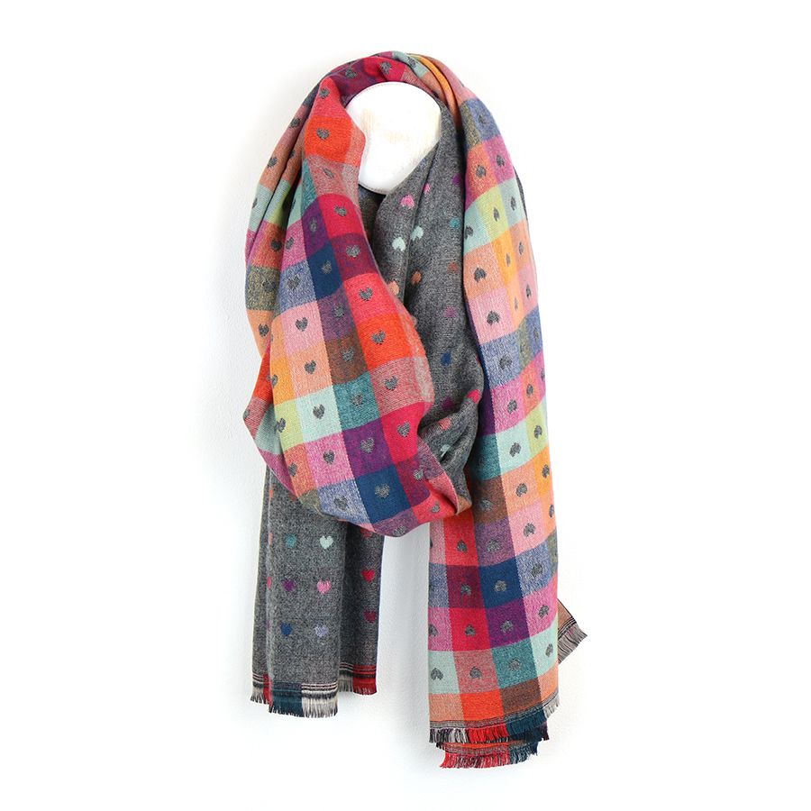 Grey Reversible Multicoloured Heart & Check Scarf