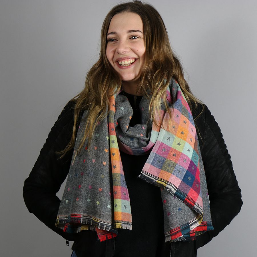 Grey Reversible Multicoloured Stars & Check Scarf