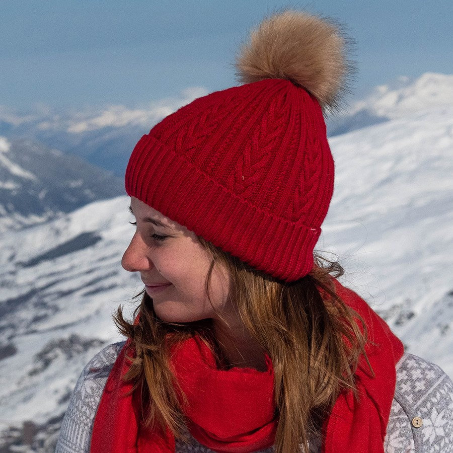 Deep Red Cable Knit Faux Fur Bobble Hat