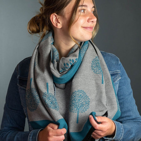 Teal and Grey Reversible Jacquard Tree Scarf