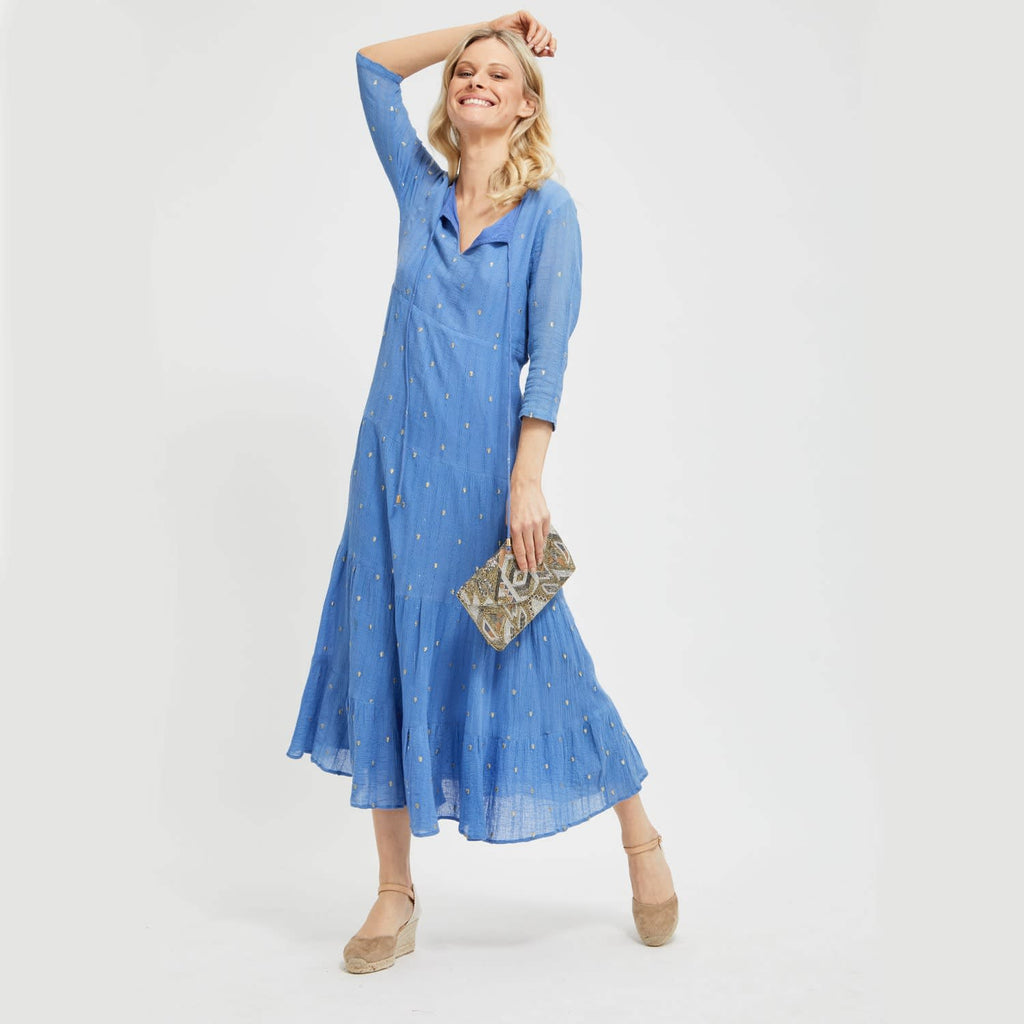 Cobalt Blue Crystal Organic Cotton Embroidered Midi Dress