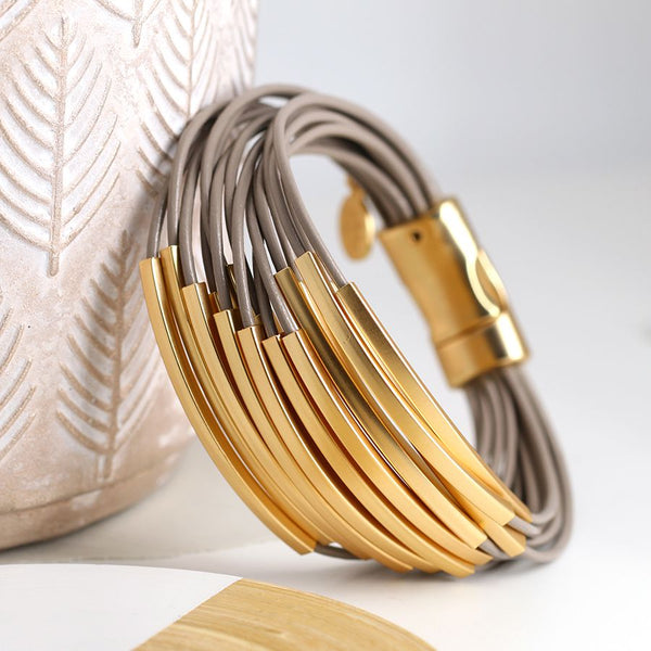 Taupe Multi Strand Leather & Gold Bars Bracelet