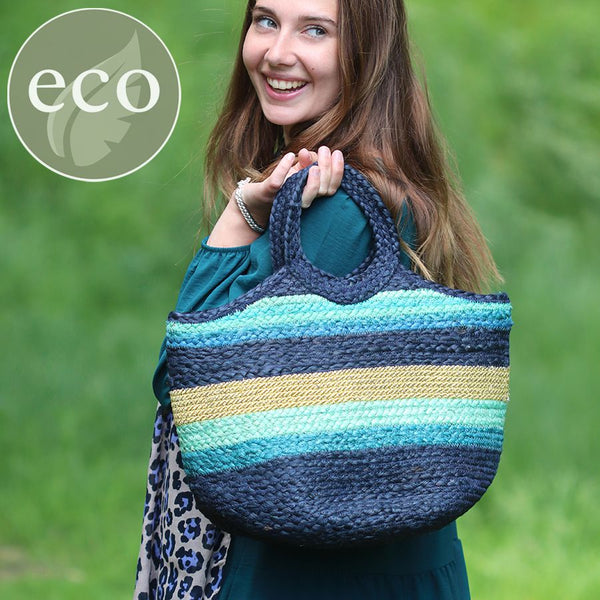 Navy, Aqua Blue & Gold Striped Jute Bag