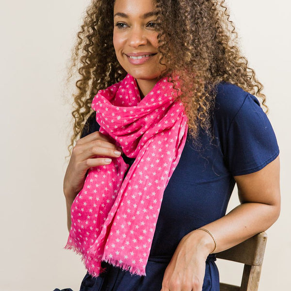 Pink Cotton Scarf With White Star Print
