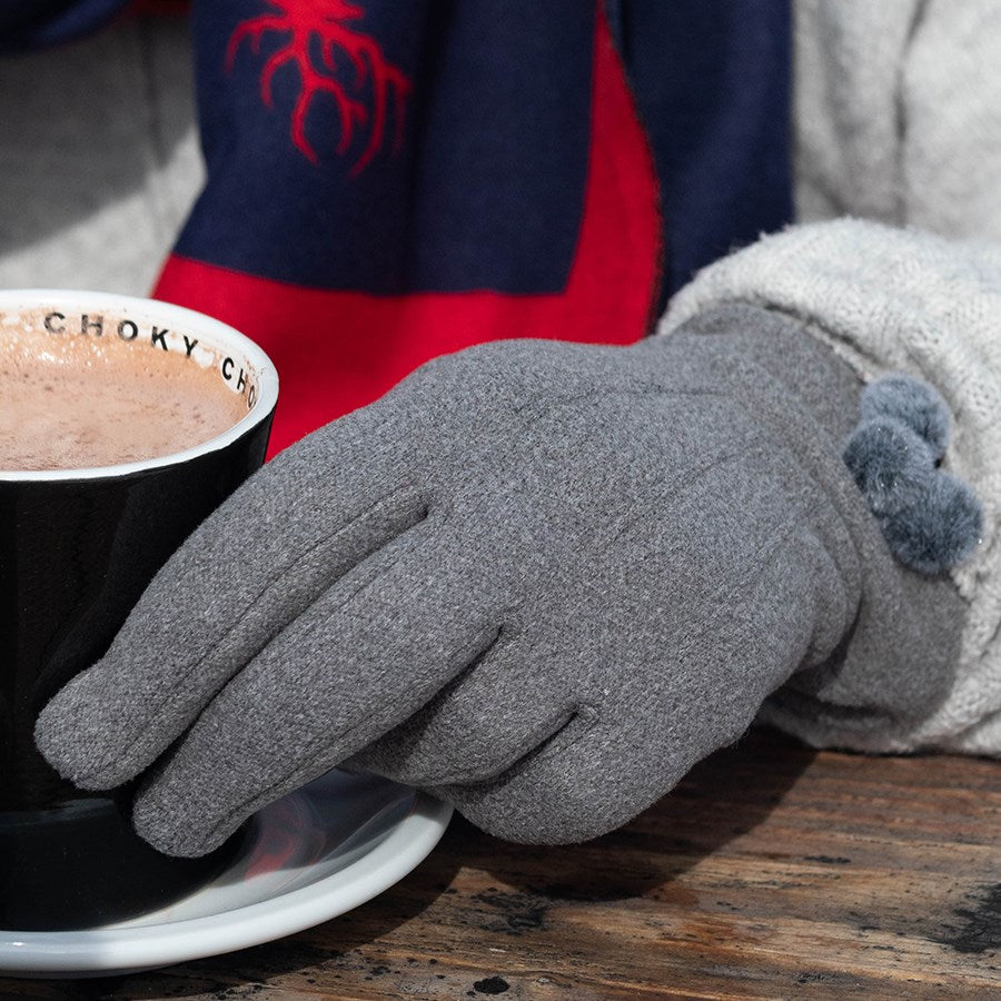 Grey Angora & Faux Fur Pom Pom Gloves