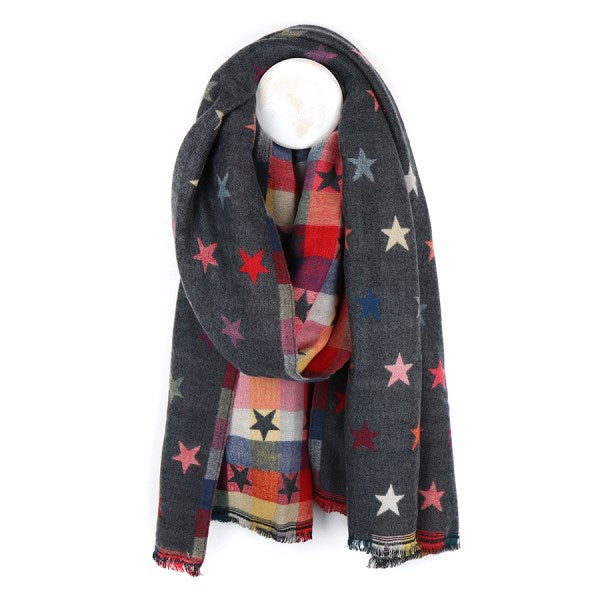 Grey Reversible Multicoloured Star & Check Scarf