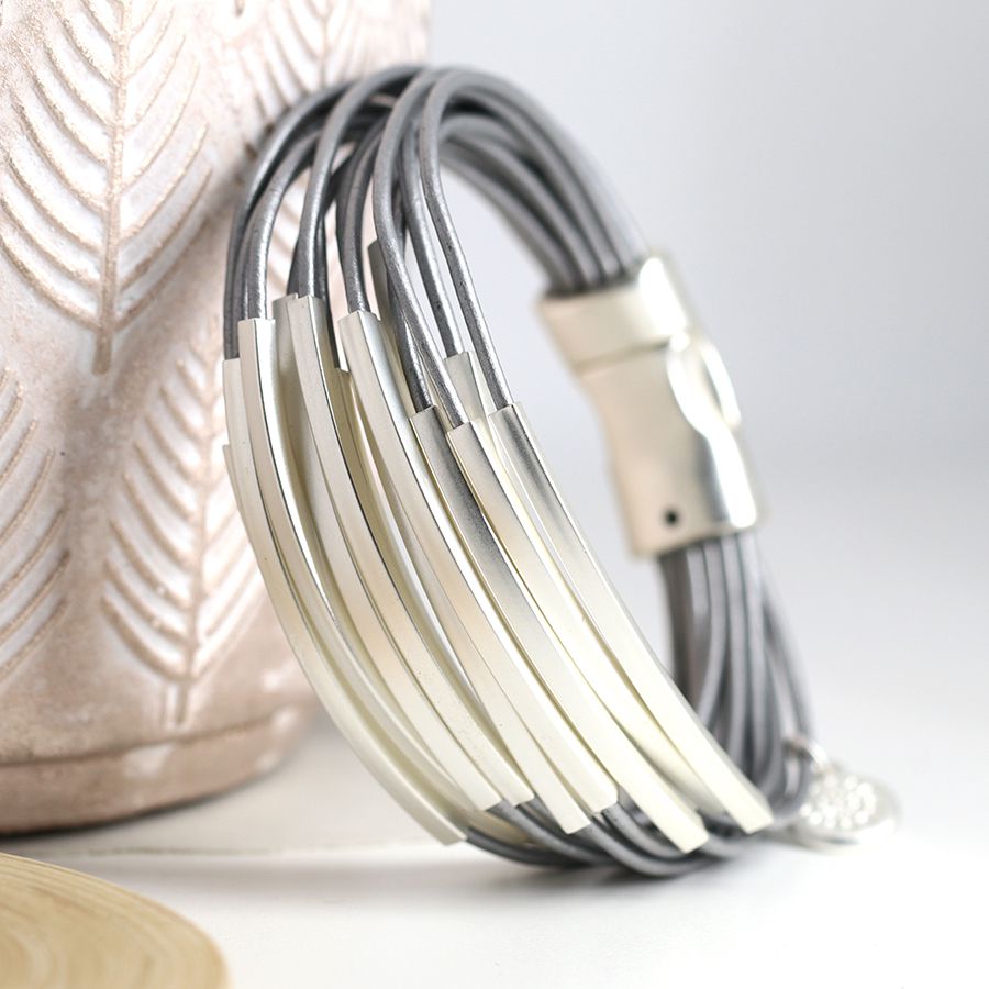 Grey Leather Multi Strand & Silver Bars Bracelet