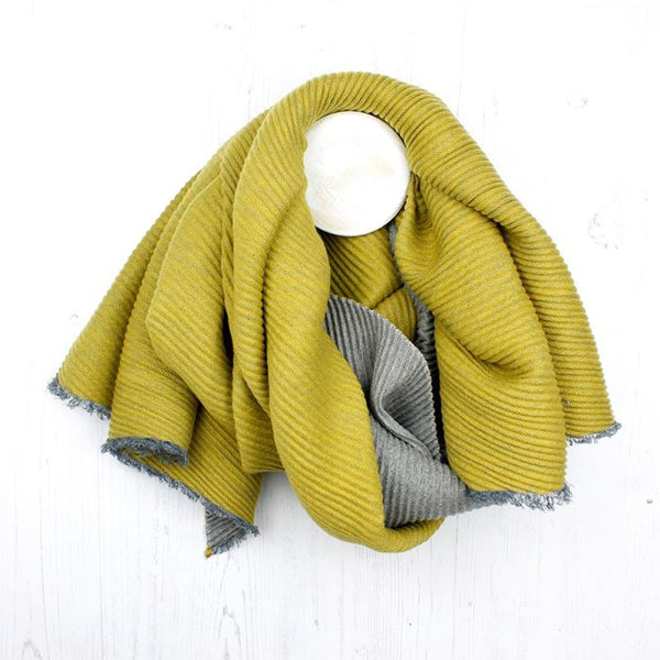 Mustard And Grey Pleated Reversible Scarf