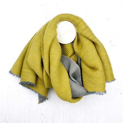 Mustard And Grey Pleated Reversible Scarf