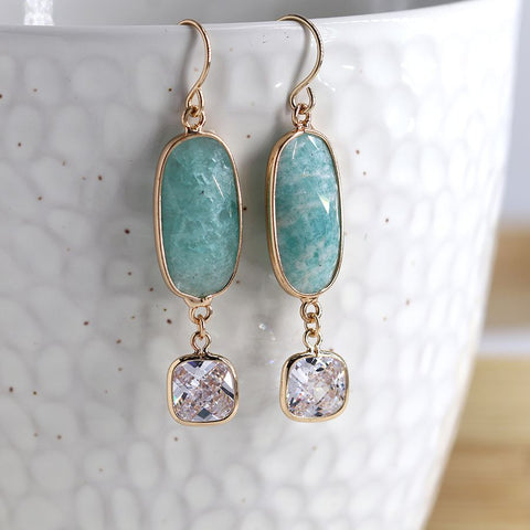Gold, Aqua & Crystal Drop Earrings