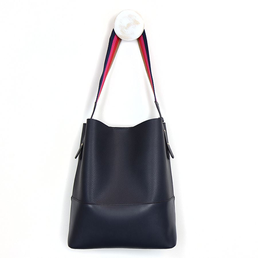 Navy Vegan Leather Shoulder Bag With Striped Strap