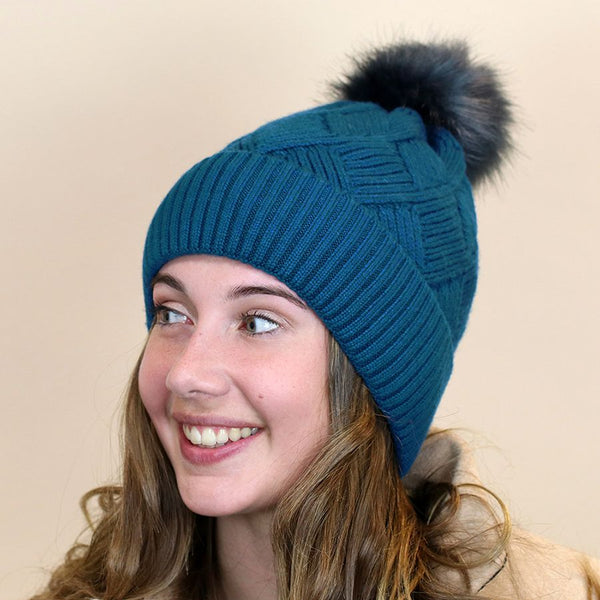 Blue Teal Diamond Knit Faux Fur Bobble Hat