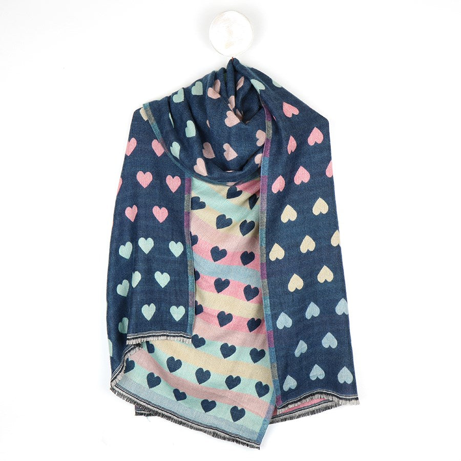 Denim & Pastel Reversible Multicoloured Heart & Check Scarf