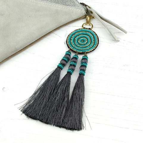 Turquoise & Gold Beaded Bag Charm With Tassels