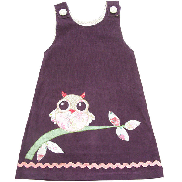 Purple Corduroy Dress with Owl Applique