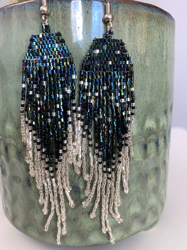 Iridescent Peacock & Silver Beaded Earrings