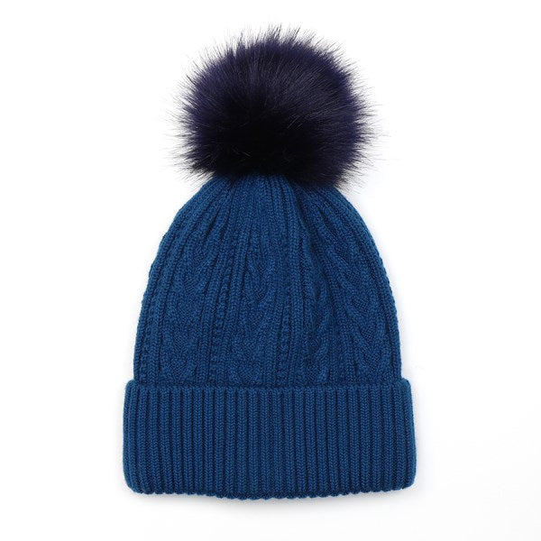 Blue Teal Cable Knit Faux Fur Bobble Hat