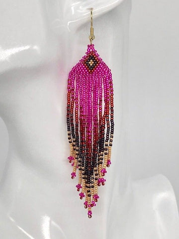 Fuchsia Red and Burgundy Beaded Earrings