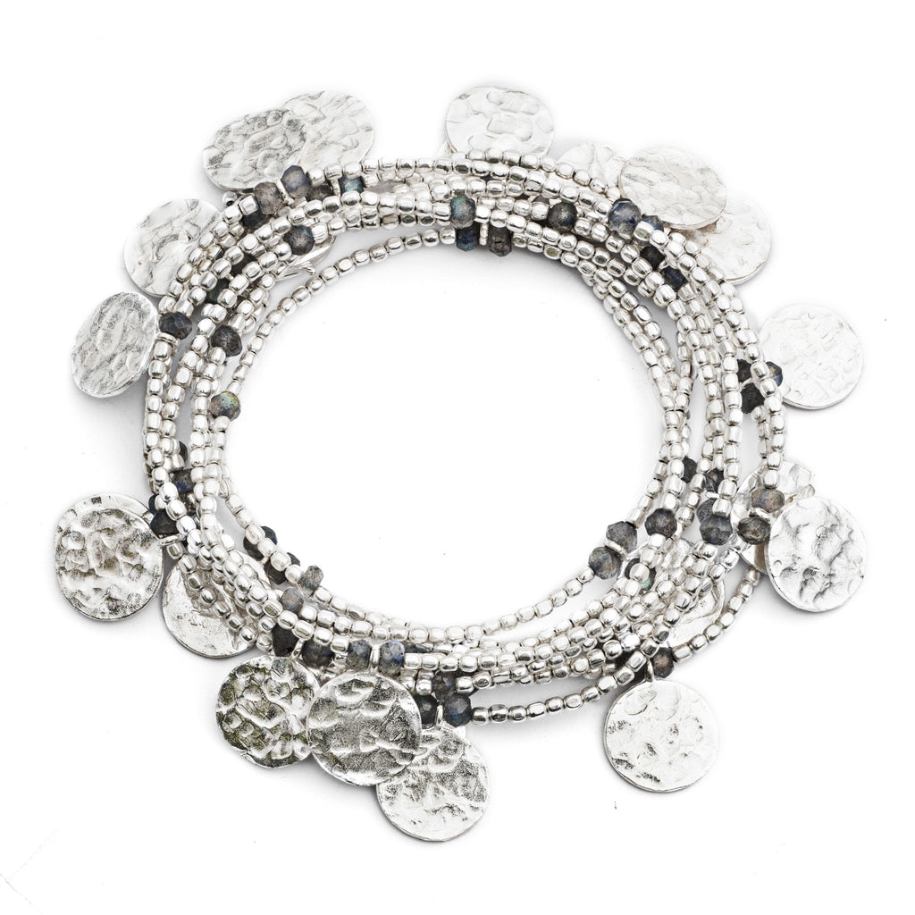 Aqua Semi-Precious Silver Coin Wrap Necklace