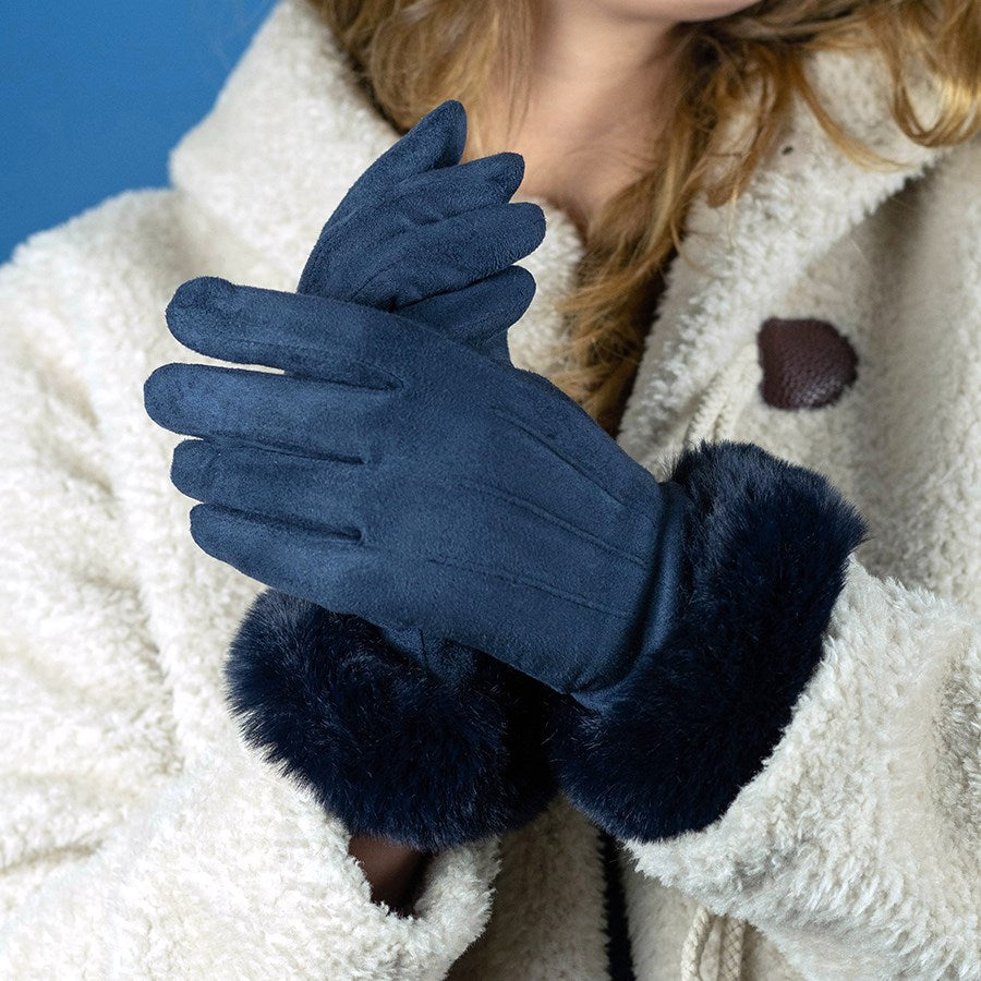 Navy Suede Gloves With Faux Fur Trim