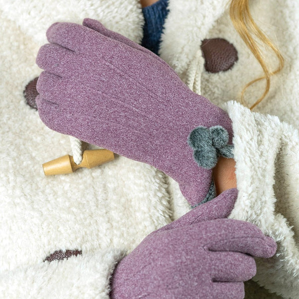 Mauve Angora & Faux Fur Pom Pom Gloves