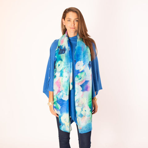 Blue Floral Bouquet Large Pure Silk Scarf